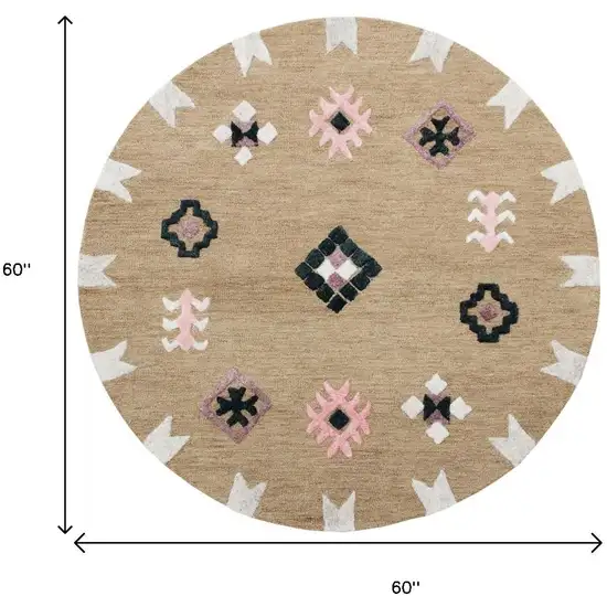 5' Taupe Round Wool Hand Hooked Handmade Area Rug Photo 3