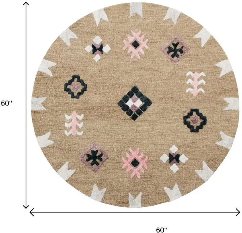 5' Taupe Round Wool Hand Hooked Handmade Area Rug Photo 3