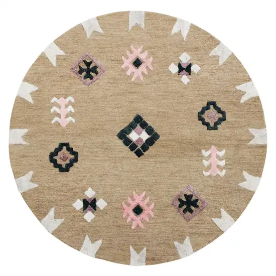 5' Taupe Round Wool Hand Hooked Handmade Area Rug Photo 5