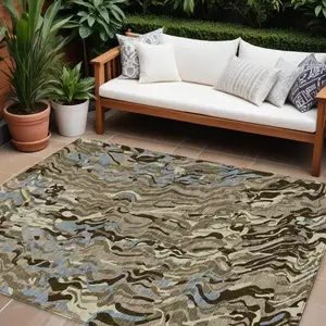 Photo of Taupe Brown And Beige Abstract Washable Indoor Outdoor Area Rug