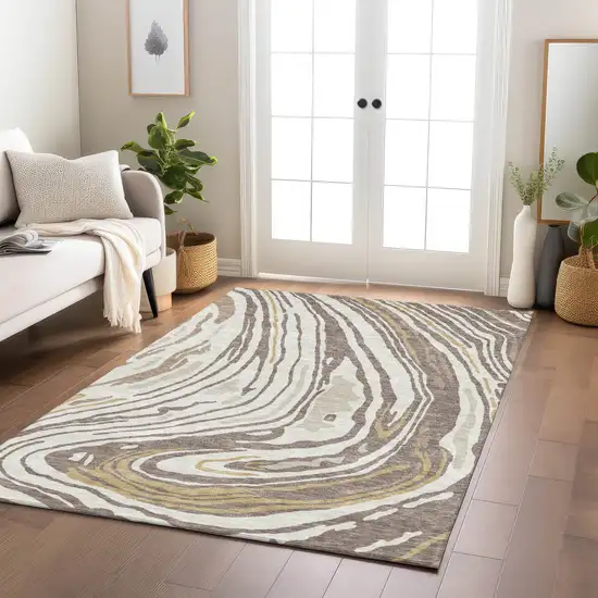 Taupe Brown And Beige Abstract Washable Indoor Outdoor Area Rug Photo 9