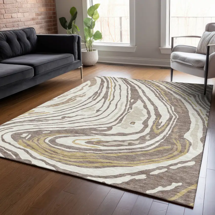 Taupe Brown And Beige Abstract Washable Indoor Outdoor Area Rug Photo 9