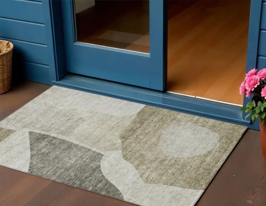 Taupe Brown And Beige Abstract Washable Indoor Outdoor Area Rug Photo 1