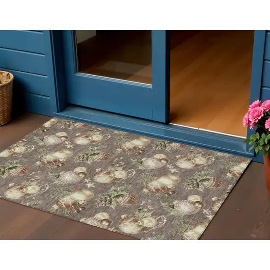 Taupe Brown And Beige Botanical Leaves Washable Indoor Outdoor Area Rug Photo 2