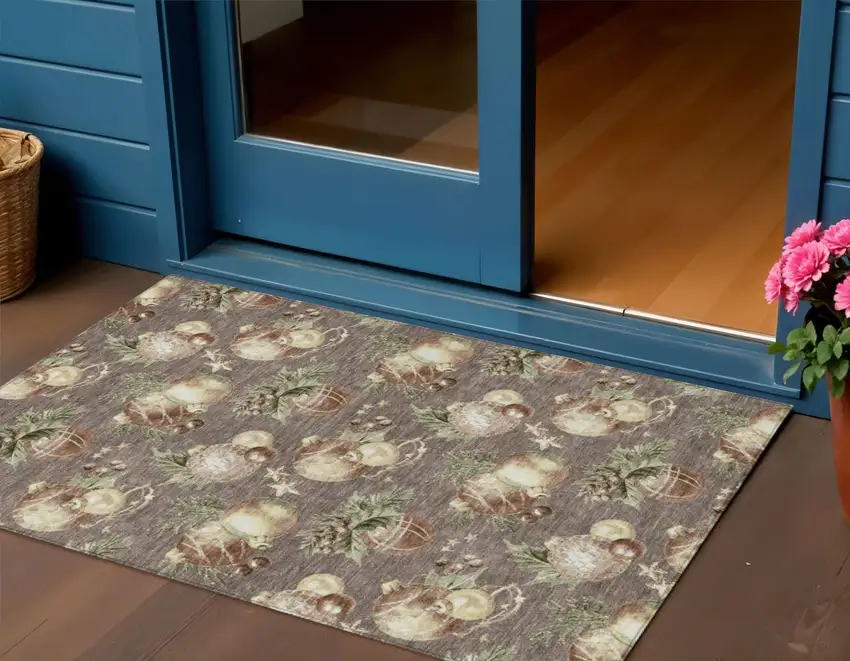 Taupe Brown And Beige Botanical Leaves Washable Indoor Outdoor Area Rug Photo 2