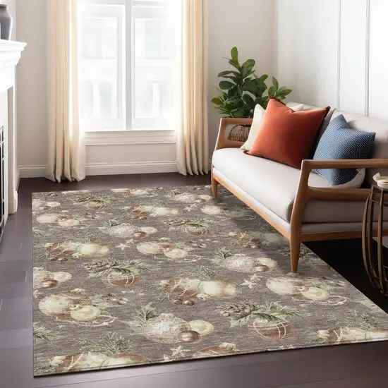 Taupe Brown And Beige Botanical Leaves Washable Indoor Outdoor Area Rug Photo 7