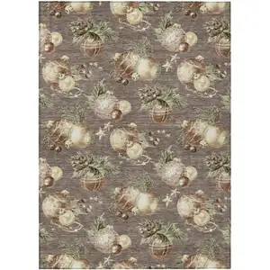 Photo of Taupe Brown And Beige Botanical Leaves Washable Indoor Outdoor Area Rug