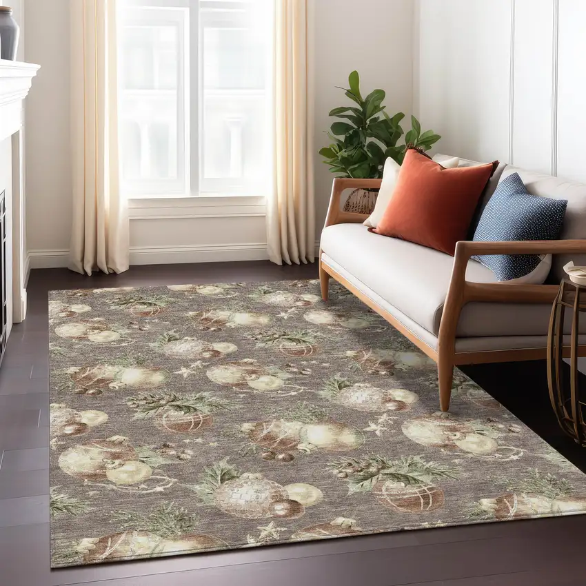 Taupe Brown And Beige Botanical Leaves Washable Indoor Outdoor Area Rug Photo 7
