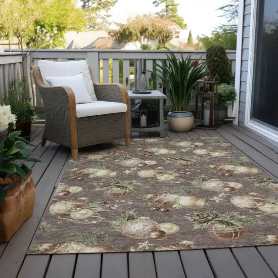 Taupe Brown And Beige Botanical Leaves Washable Indoor Outdoor Area Rug Photo 8