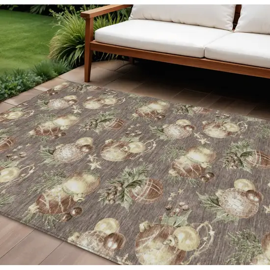 Taupe Brown And Beige Botanical Leaves Washable Indoor Outdoor Area Rug Photo 2