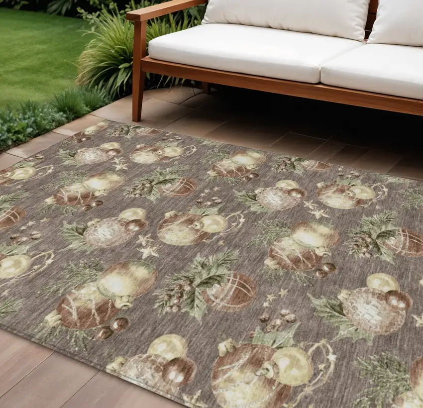 Taupe Brown And Beige Botanical Leaves Washable Indoor Outdoor Area Rug Photo 2