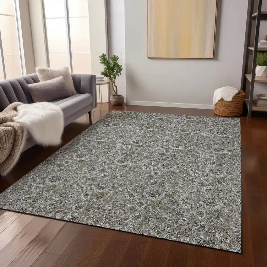 Taupe Brown And Beige Floral Washable Indoor Outdoor Area Rug Photo 7