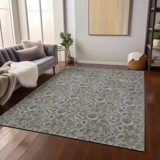 Taupe Brown And Beige Floral Washable Indoor Outdoor Area Rug Photo 7
