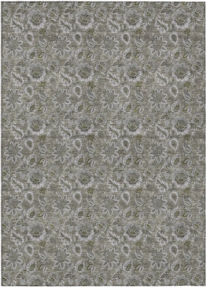 Taupe Brown And Beige Floral Washable Indoor Outdoor Area Rug Photo 2