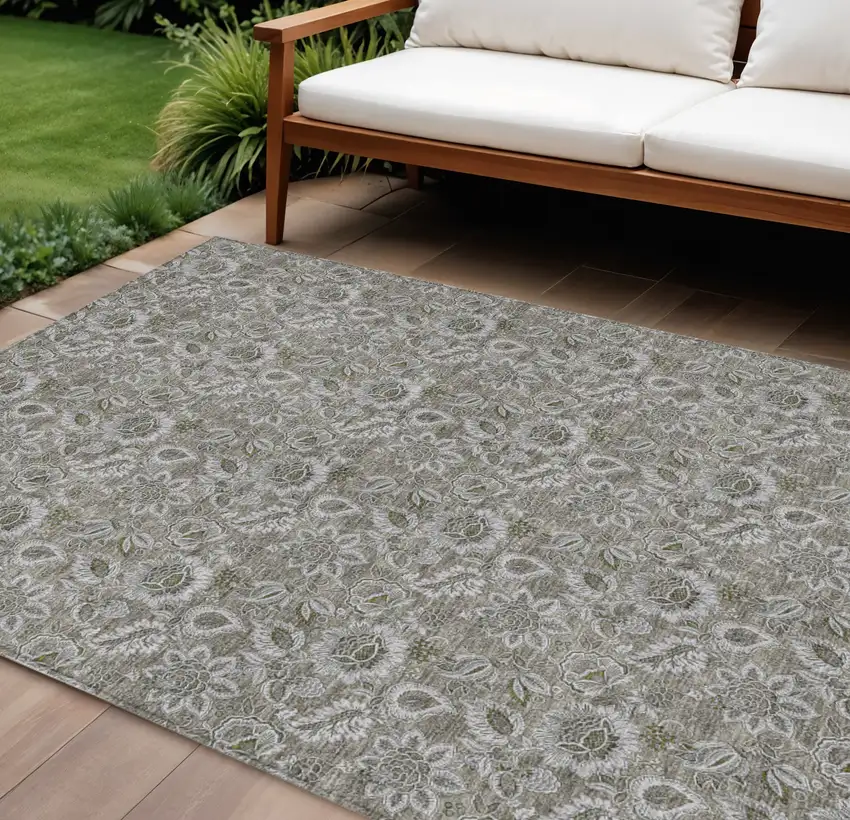 Taupe Brown And Beige Floral Washable Indoor Outdoor Area Rug Photo 1