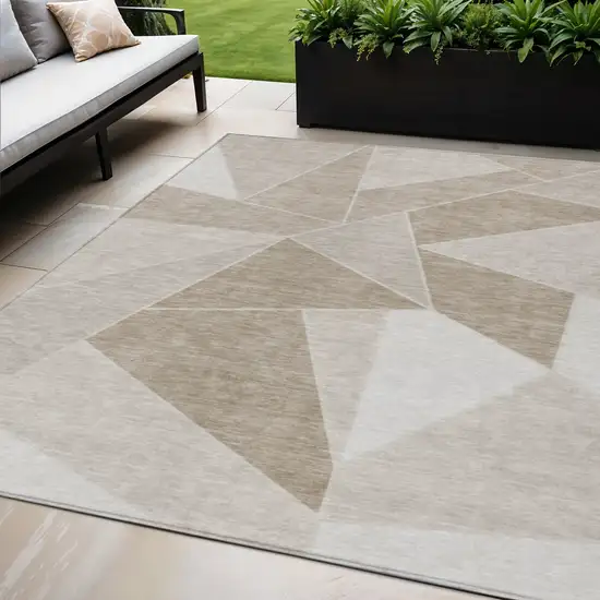 Taupe Brown And Beige Geometric Washable Indoor Outdoor Area Rug Photo 1