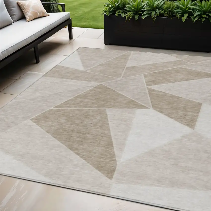 Taupe Brown And Beige Geometric Washable Indoor Outdoor Area Rug Photo 1