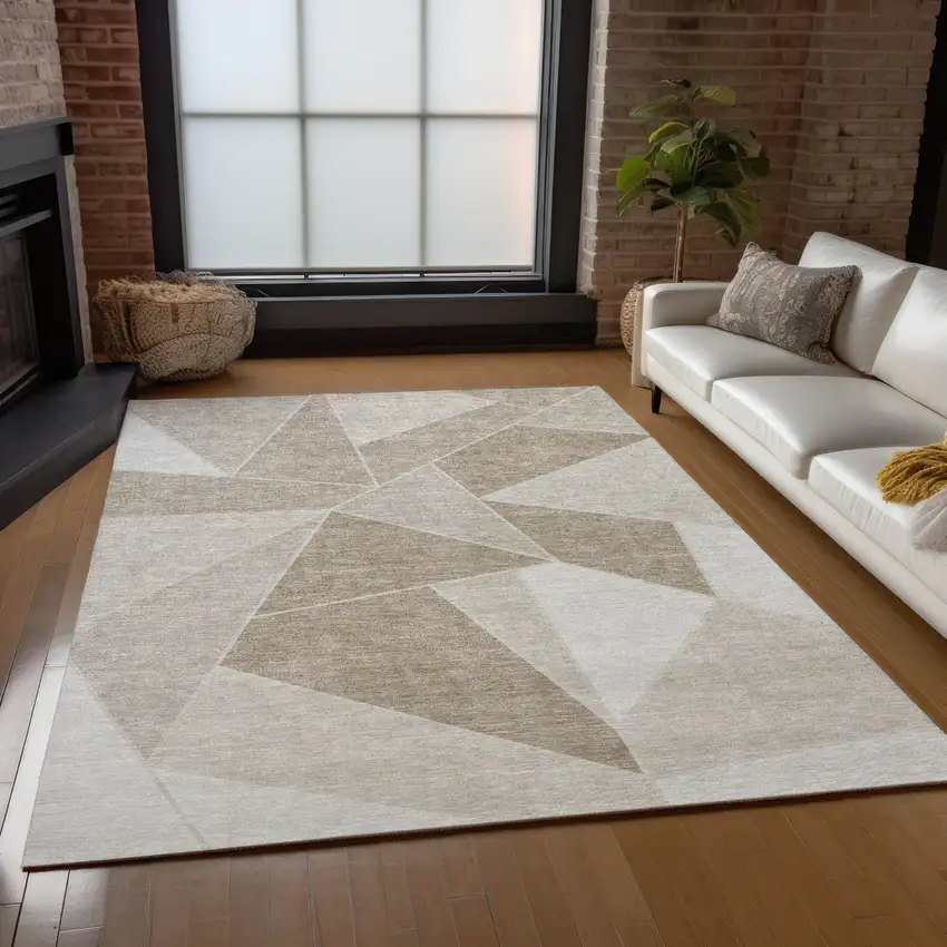 Taupe Brown And Beige Geometric Washable Indoor Outdoor Area Rug Photo 9