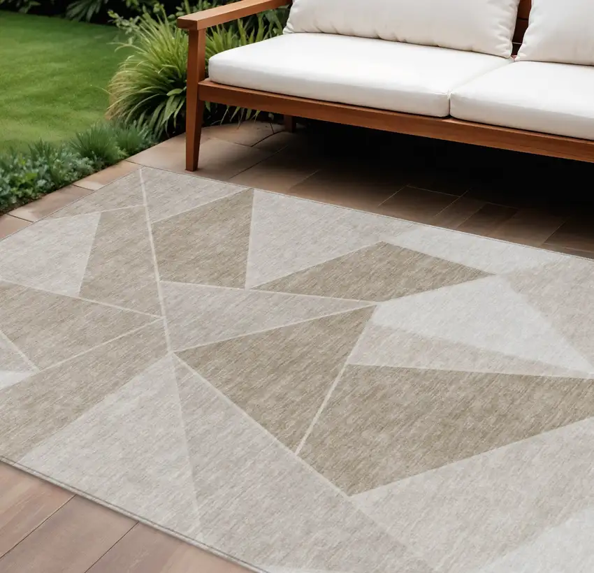 Taupe Brown And Beige Geometric Washable Indoor Outdoor Area Rug Photo 1