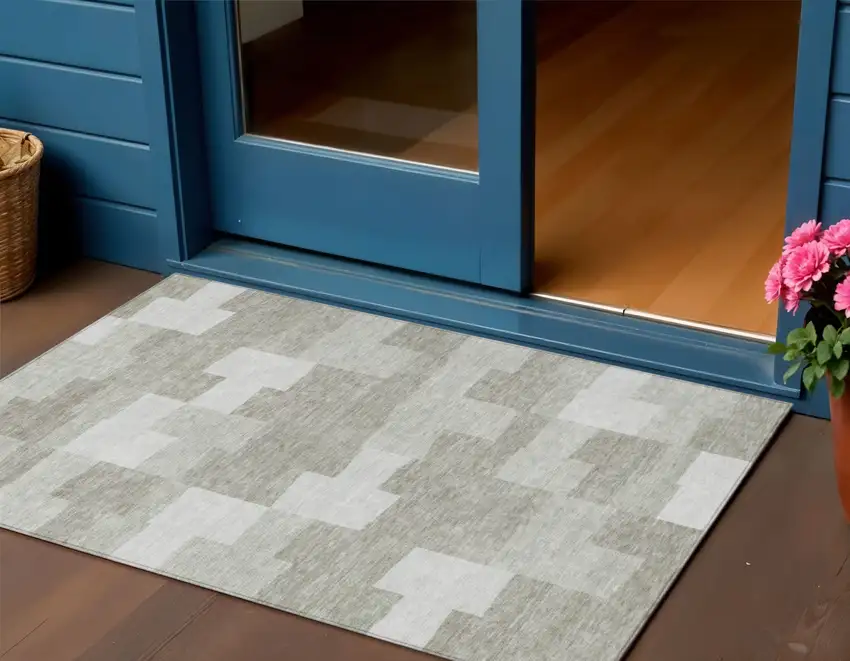 Taupe Brown And Beige Geometric Washable Indoor Outdoor Area Rug Photo 1