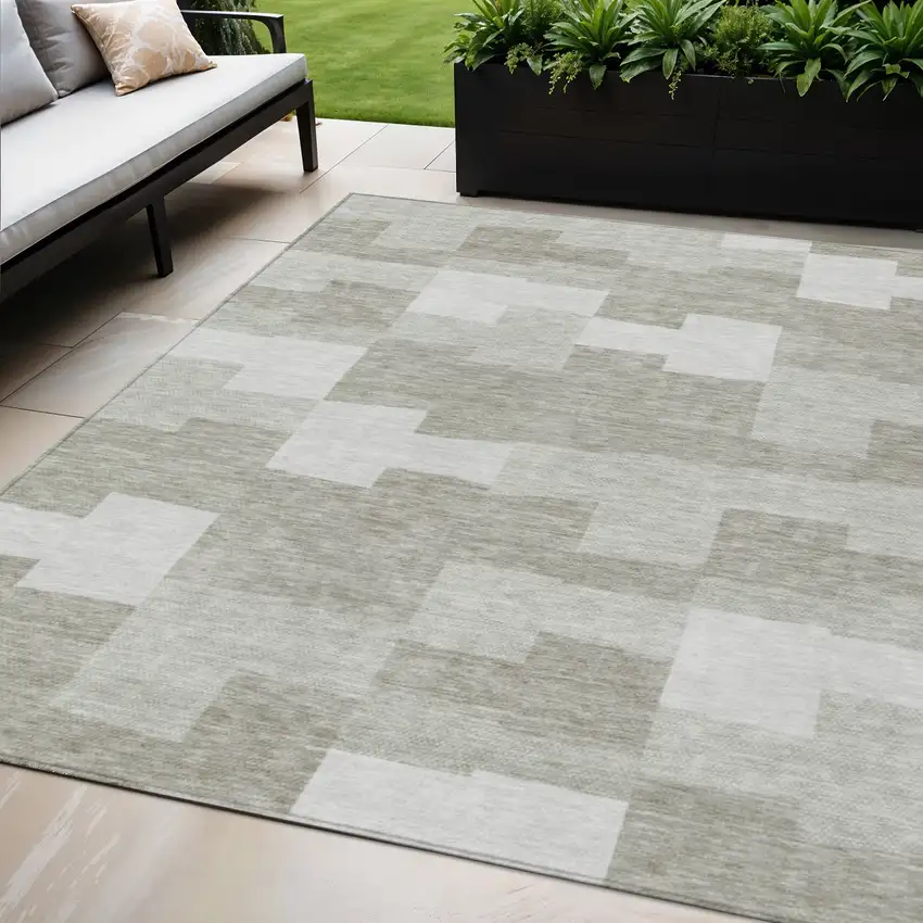 Taupe Brown And Beige Geometric Washable Indoor Outdoor Area Rug Photo 1
