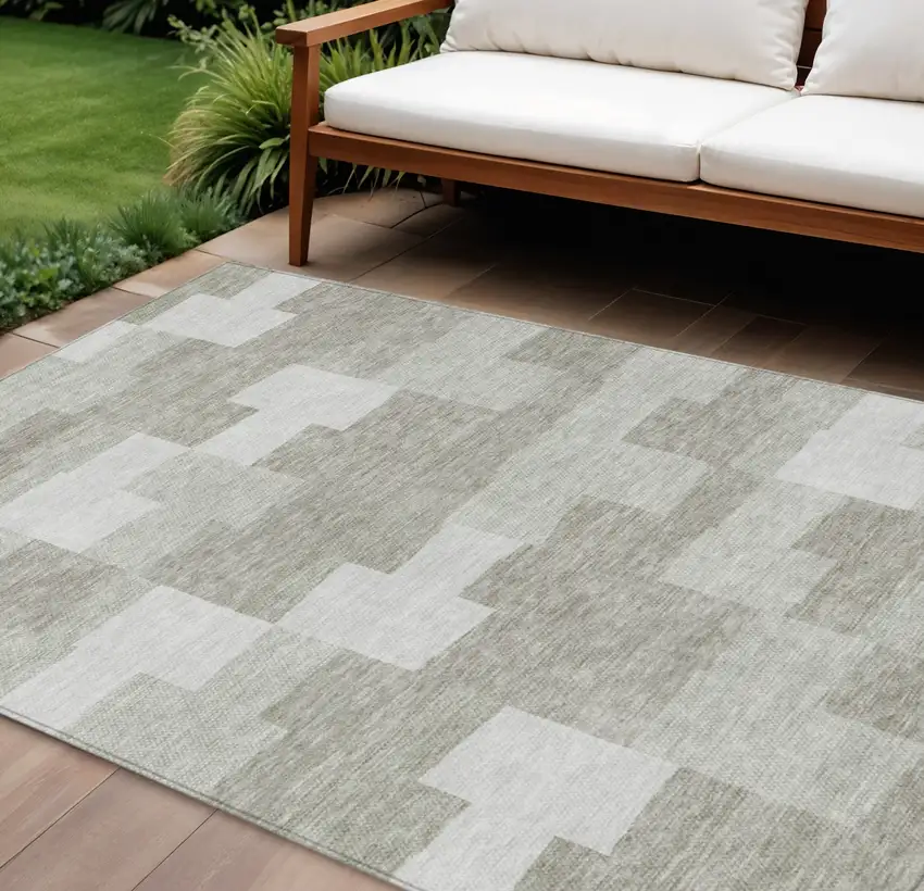 Taupe Brown And Beige Geometric Washable Indoor Outdoor Area Rug Photo 1