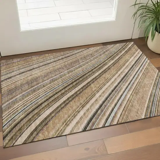 Taupe Brown And Beige Striped Washable Area Rug With UV Protection Photo 1