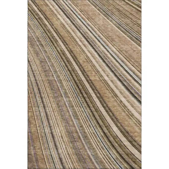 Taupe Brown And Beige Striped Washable Area Rug With UV Protection Photo 3