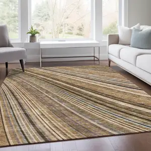 Photo of Taupe Brown And Beige Striped Washable Area Rug With UV Protection