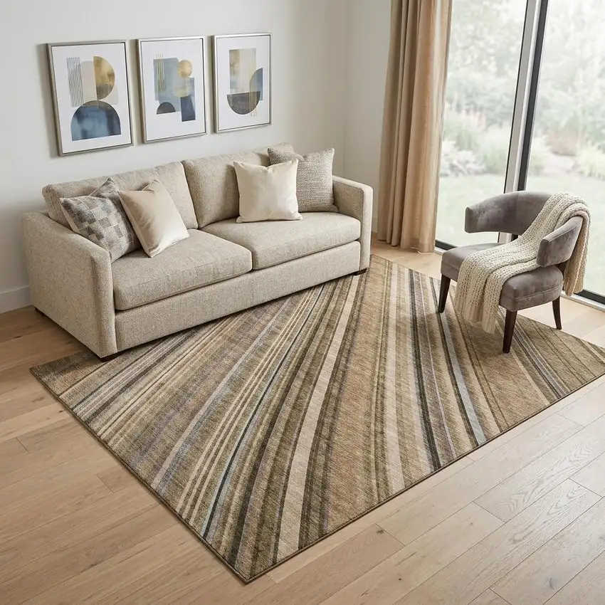 Taupe Brown And Beige Striped Washable Area Rug With UV Protection Photo 1