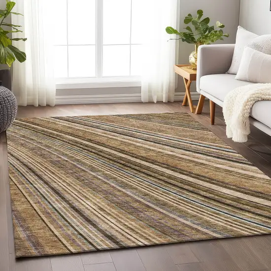 Taupe Brown And Beige Striped Washable Area Rug With UV Protection Photo 2