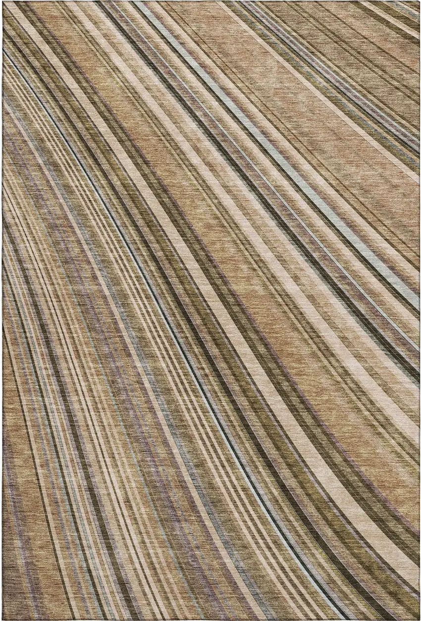 Taupe Brown And Beige Striped Washable Area Rug With UV Protection Photo 3