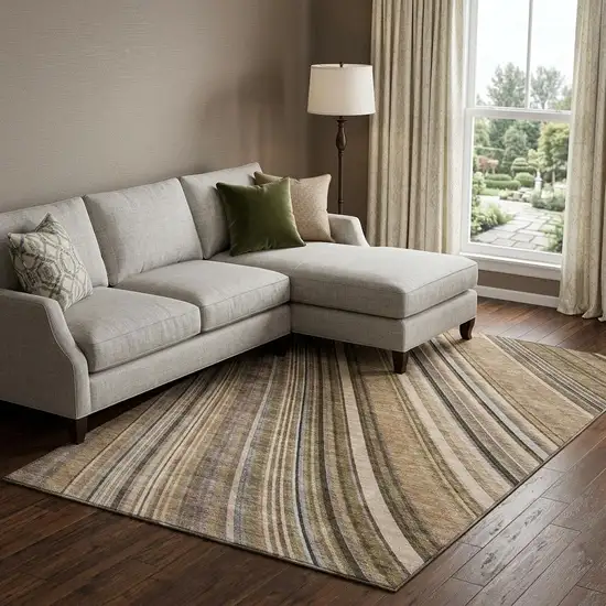 Taupe Brown And Beige Striped Washable Area Rug With UV Protection Photo 1