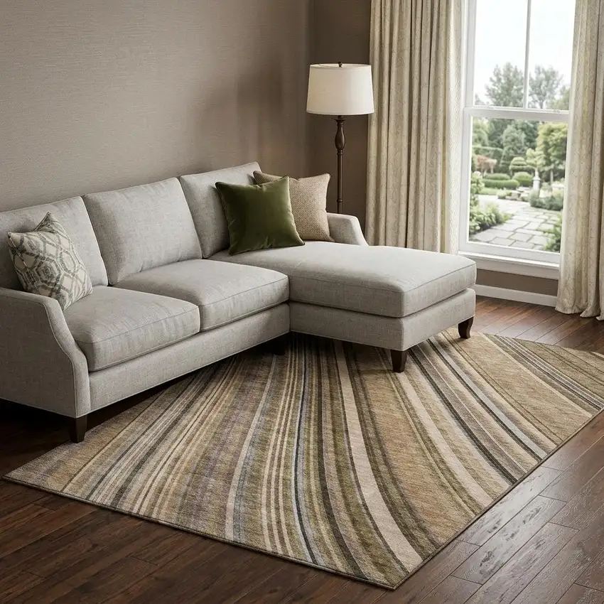 Taupe Brown And Beige Striped Washable Area Rug With UV Protection Photo 1