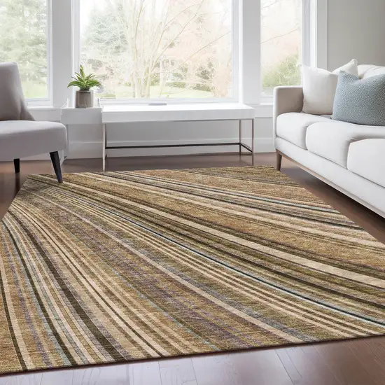 Taupe Brown And Beige Striped Washable Area Rug With UV Protection Photo 1