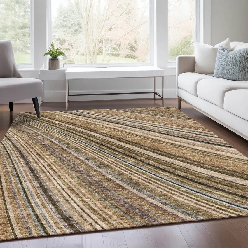 Taupe Brown And Beige Striped Washable Area Rug With UV Protection Photo 1