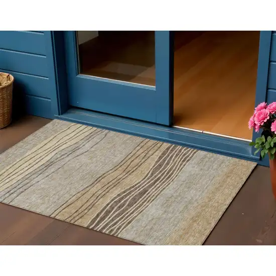 Taupe Brown And Beige Striped Washable Indoor Outdoor Area Rug Photo 1