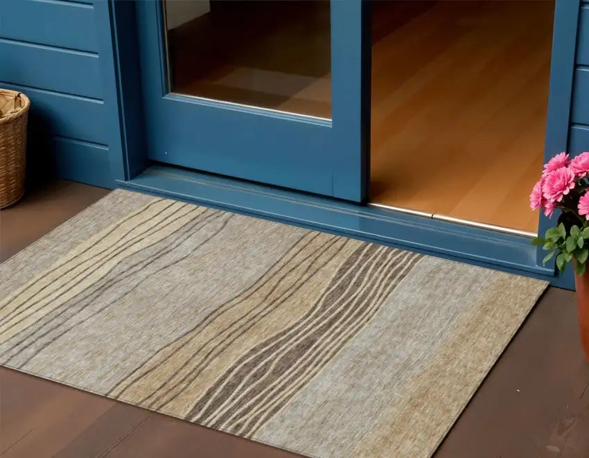 Taupe Brown And Beige Striped Washable Indoor Outdoor Area Rug Photo 1