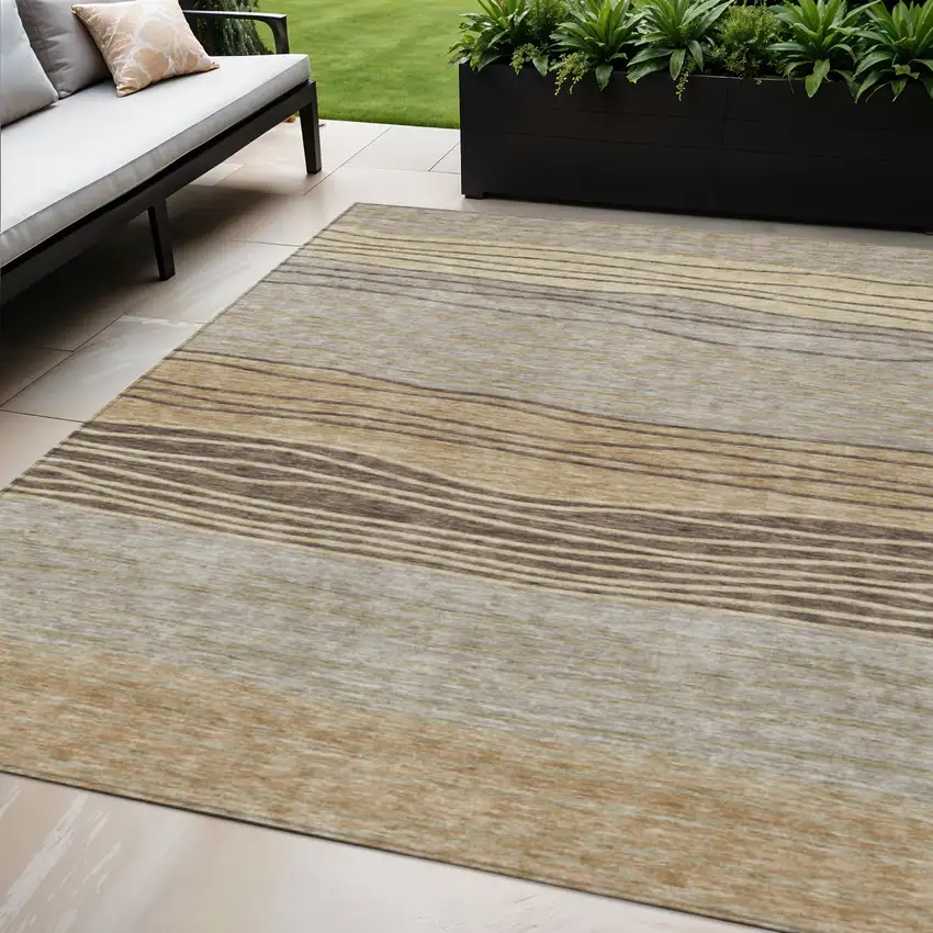 Taupe Brown And Beige Striped Washable Indoor Outdoor Area Rug Photo 1