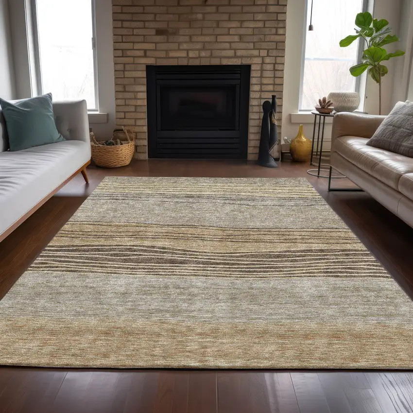 Taupe Brown And Beige Striped Washable Indoor Outdoor Area Rug Photo 7