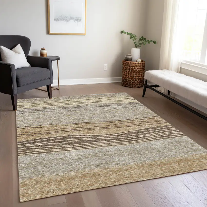 Taupe Brown And Beige Striped Washable Indoor Outdoor Area Rug Photo 8