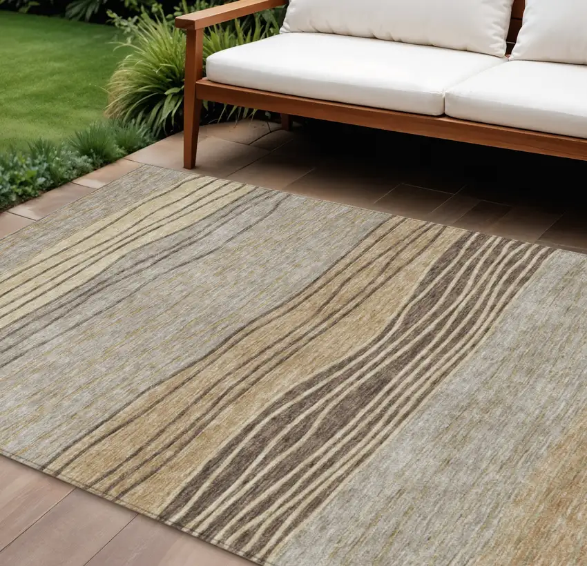 Taupe Brown And Beige Striped Washable Indoor Outdoor Area Rug Photo 1