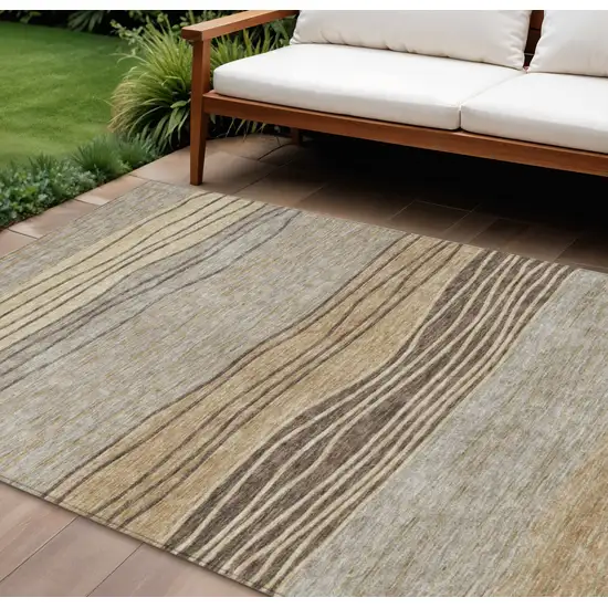 Taupe Brown And Beige Striped Washable Indoor Outdoor Area Rug Photo 1