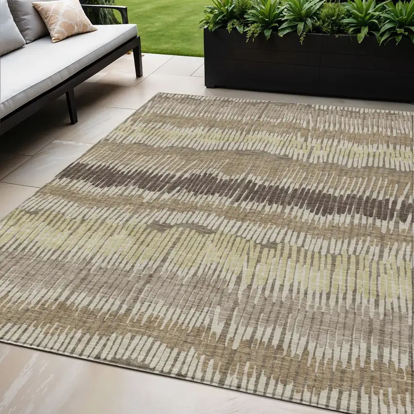 Taupe Brown And Beige Striped Washable Indoor Outdoor Area Rug Photo 1