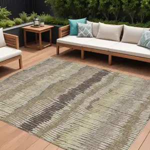 Photo of Taupe Brown And Beige Striped Washable Indoor Outdoor Area Rug