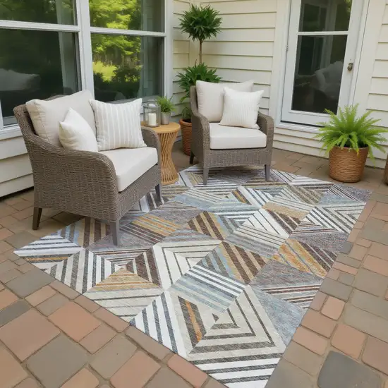 Taupe Brown And Blue Patchwork Washable Indoor Outdoor Area Rug Photo 3