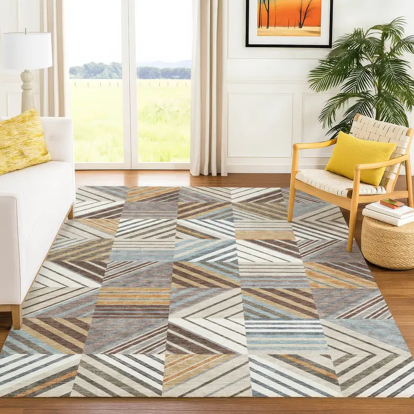 Taupe Brown And Blue Patchwork Washable Indoor Outdoor Area Rug Photo 4