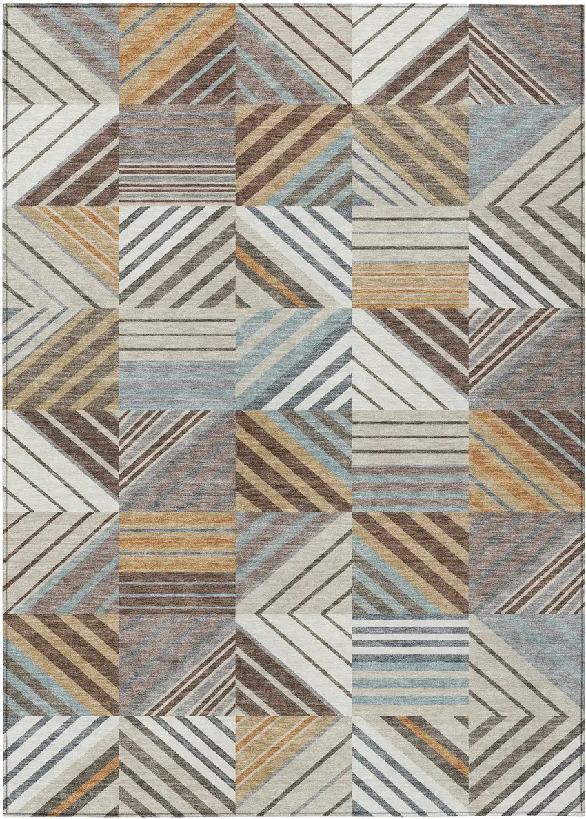 Taupe Brown And Blue Patchwork Washable Indoor Outdoor Area Rug Photo 8