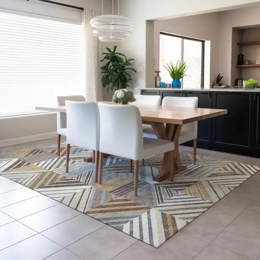 Taupe Brown And Blue Patchwork Washable Indoor Outdoor Area Rug Photo 5