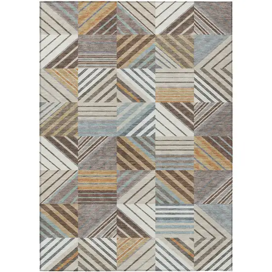 Taupe Brown And Blue Patchwork Washable Indoor Outdoor Area Rug Photo 8